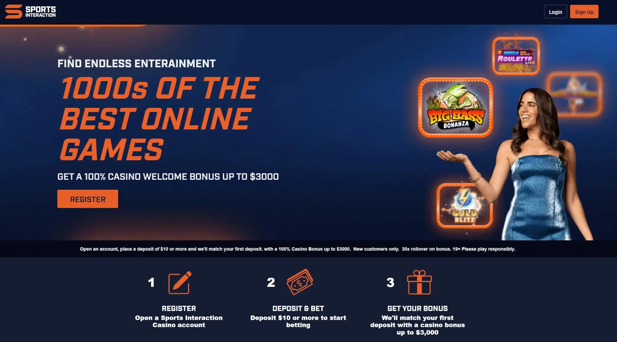 A screenshot desktop view of the Sports Interaction Casino bonus offer.