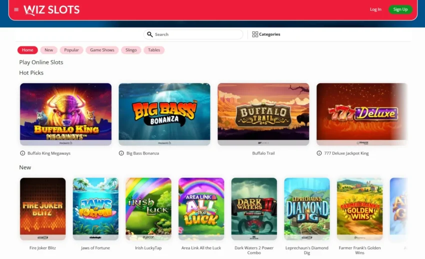 Wiz Slots A screenshot of the desktop view of Wiz Slots Casino's home page.