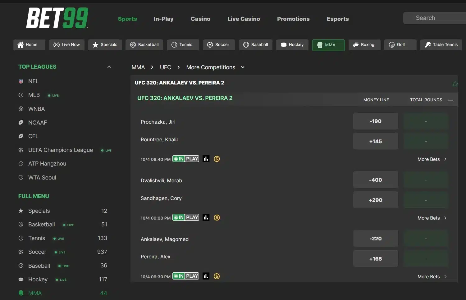 A screenshot of the desktop view of BET99's UFC betting screen