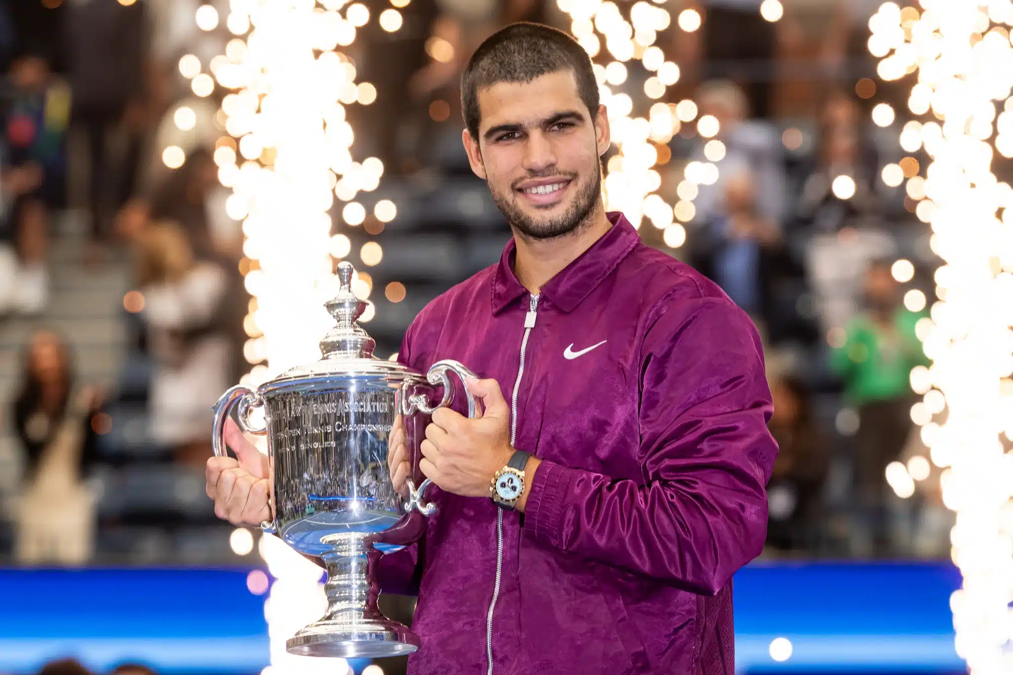 Sep 7, 2025; Flushing, NY, USA; Carlos Alcaraz of Spain with the US Open trophy after winning the final of men’s singles at Billie Jean King National Tennis Center.