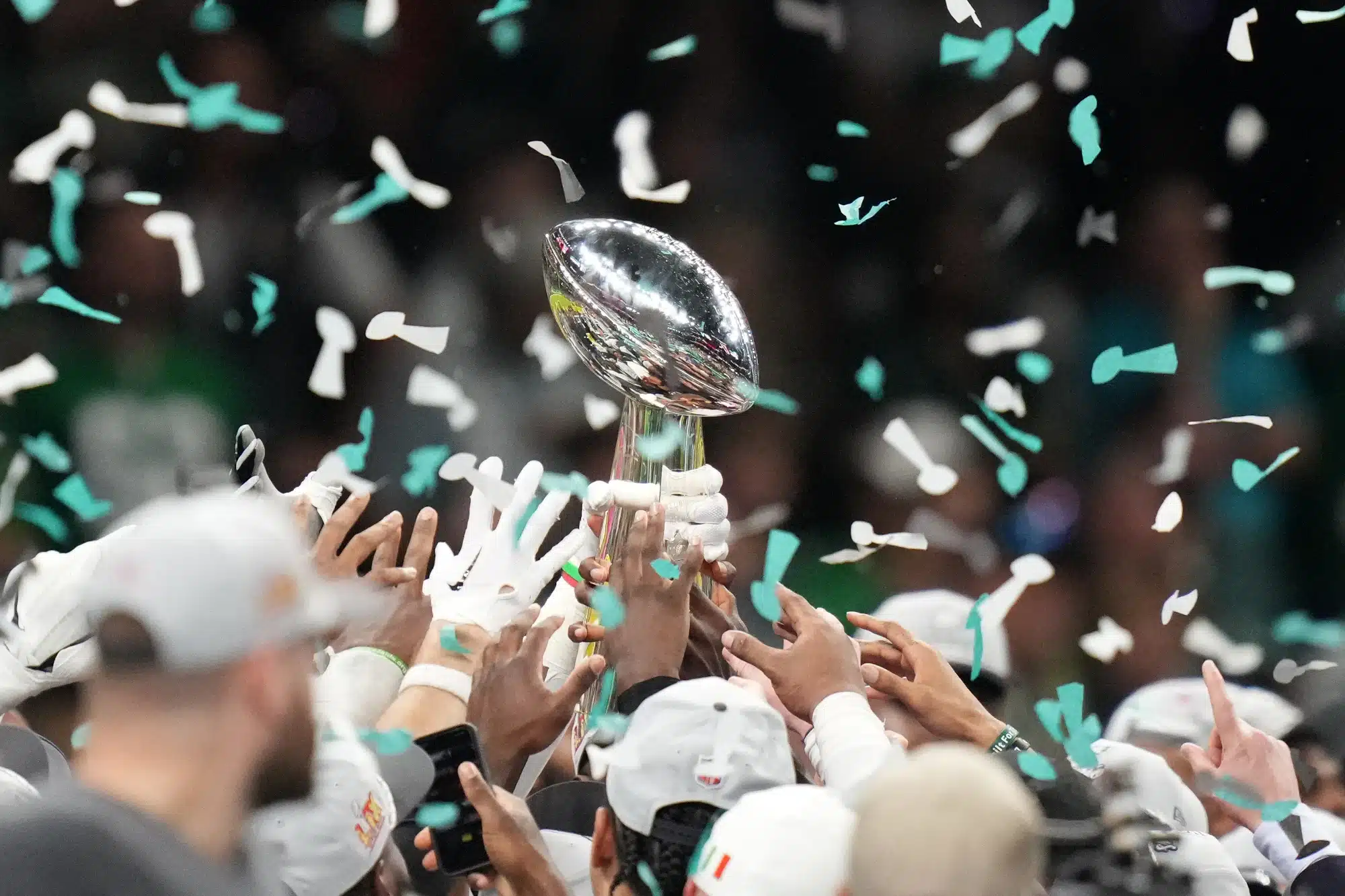 Feb 9, 2025; New Orleans, LA, USA; The Philadelphia Eagles hoist the Vince Lombardi Trophy after defeating the Kansas City Chiefs in Super Bowl LIX at Caesar's Superdome.