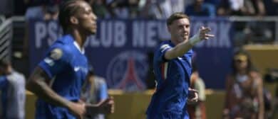 Chelsea FC midfielder Cole Palmer (10) reacts after scoring a goal against Paris Saint-Germain during the final of the 2025 FIFA Club World Cup at MetLife Stadium.