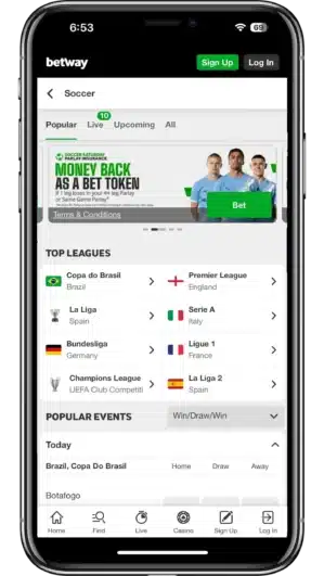A screenshot of the mobile view of bet365's soccer betting app