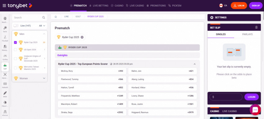 A screenshot desktop view of TonyBet's Ryder Cup betting page.