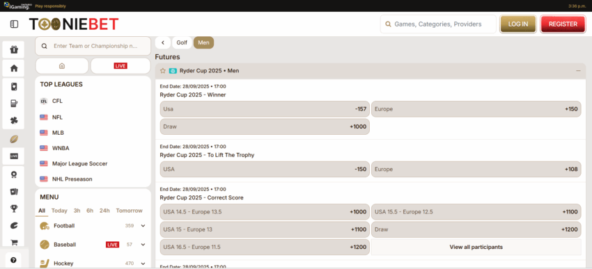A screenshot desktop view of TonyBet's Ryder Cup betting page.