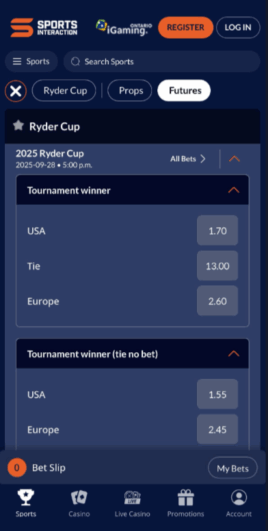 Mobile screenshot of the Sports Interaction Canada betting app's Ryder Cup futures screen.