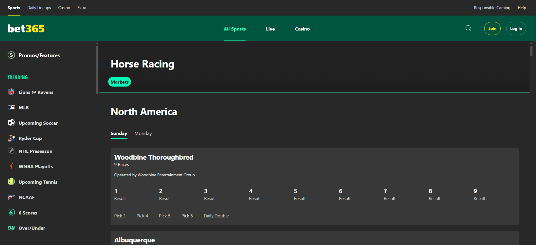 A screenshot desktop view of bet365's horse racing betting page