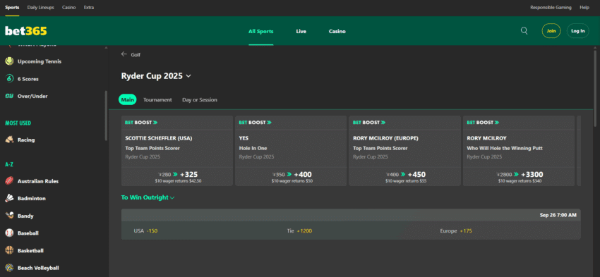 A screenshot desktop view of bet365's Ryder Cup betting page.